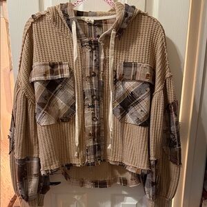 POL Beige Plaid Hooded Waffle-Knit Jacket